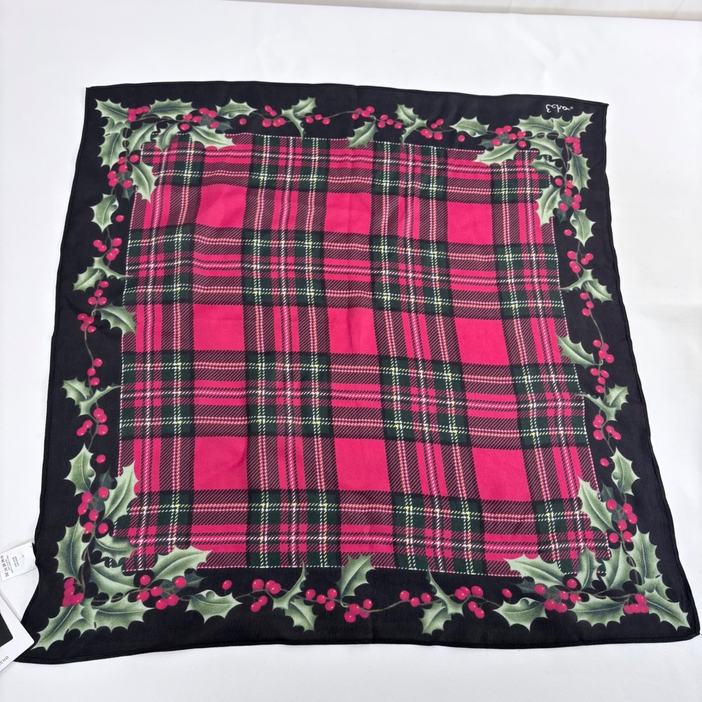 Echo Silk Scarf‎ Red Green Plaid Holly Berry Christmas Square New With Tags